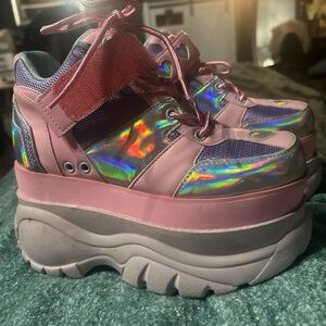 Sugar Thrillz Pink Platform Lace-Up Sneakers with Holographic Panels